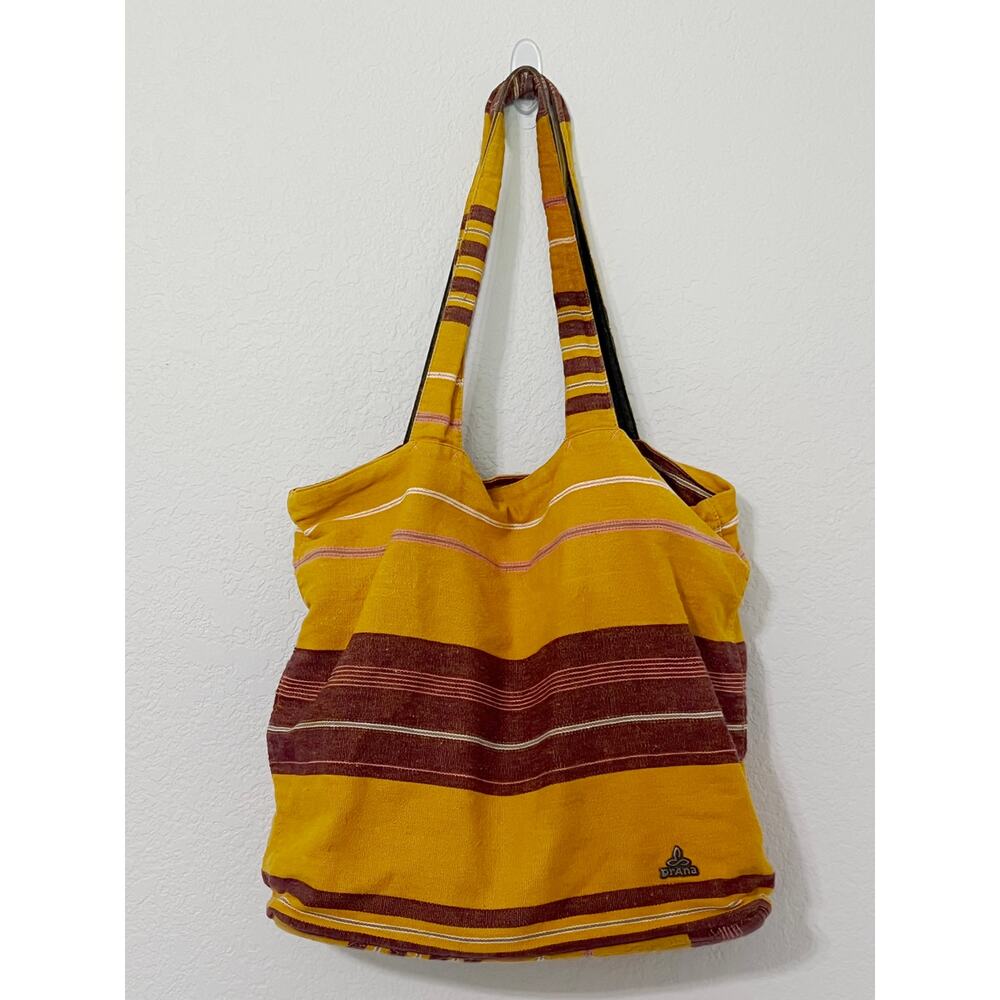 Prana Hemp Organic Cotton Cinch Tote Womens Mustard & Maroon Striped Bag
